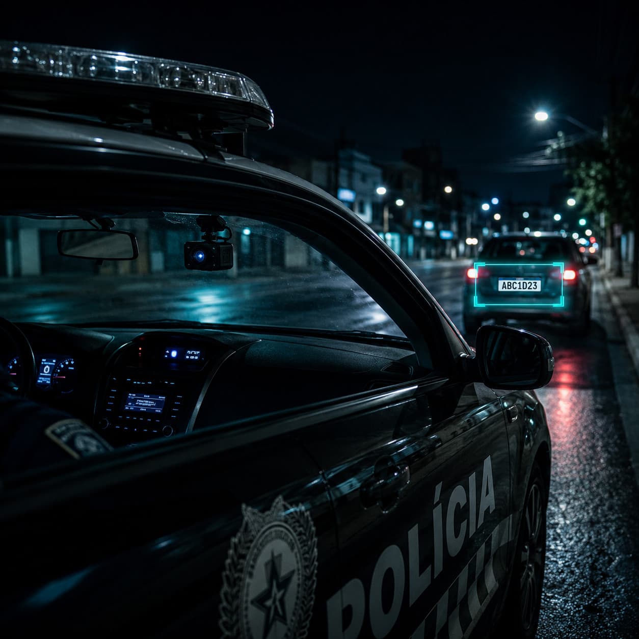 Viatura policial à noite com câmera de leitura de placas detectando um veículo à frente